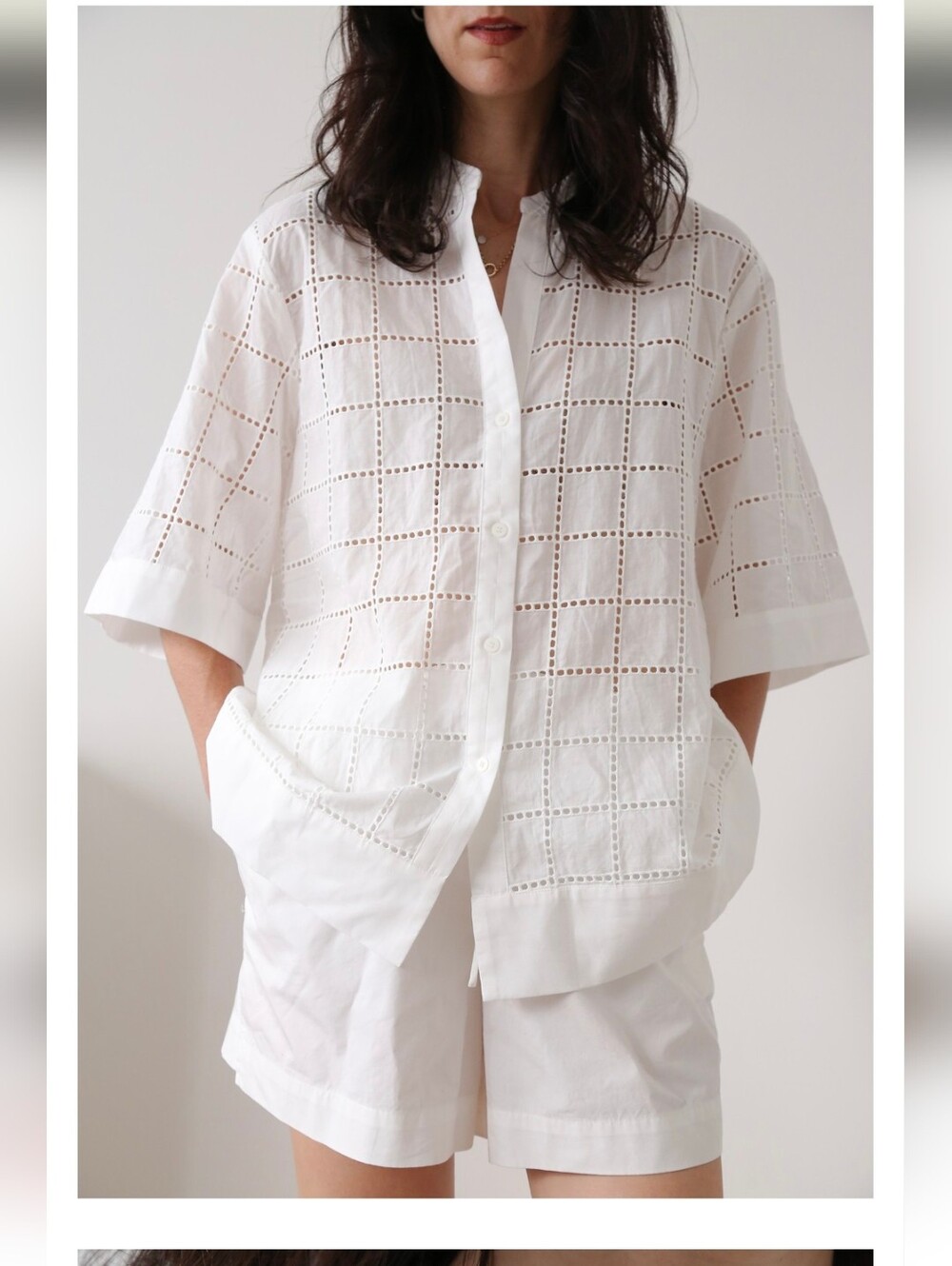 DISSH White Eyelet Short Sleeve Shirt and Pant Set